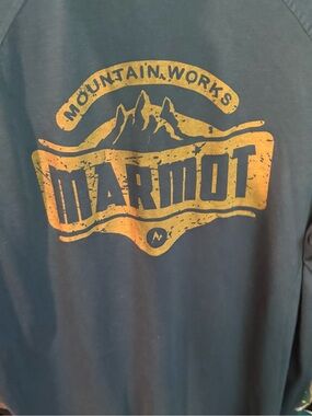 Marmot Long-Sleeve Logo Tee in Blue with Yellow Graphic